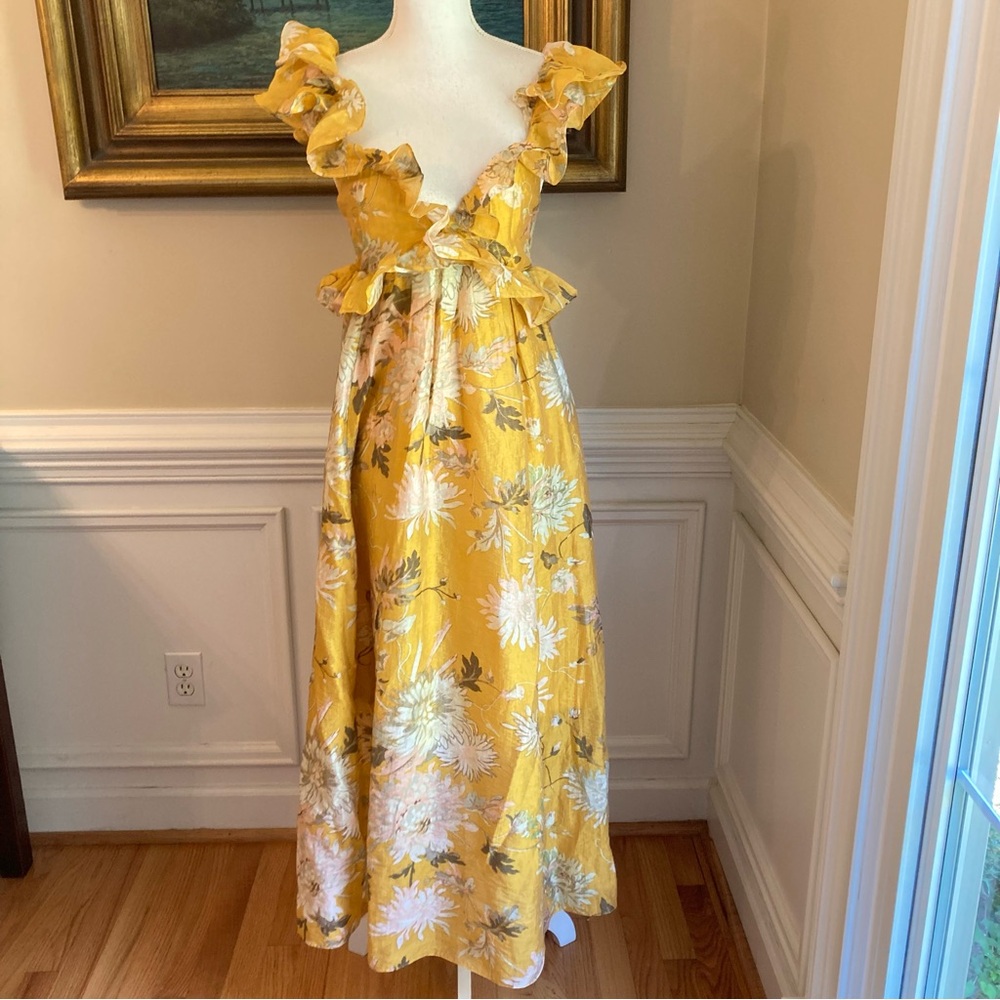 H&M Yellow Floral Ruffle Plunge Open Back Lyocell Midi Dress